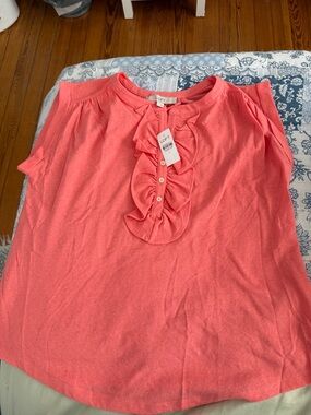 LOFT Coral Ruffle-Front Short Sleeve Blouse